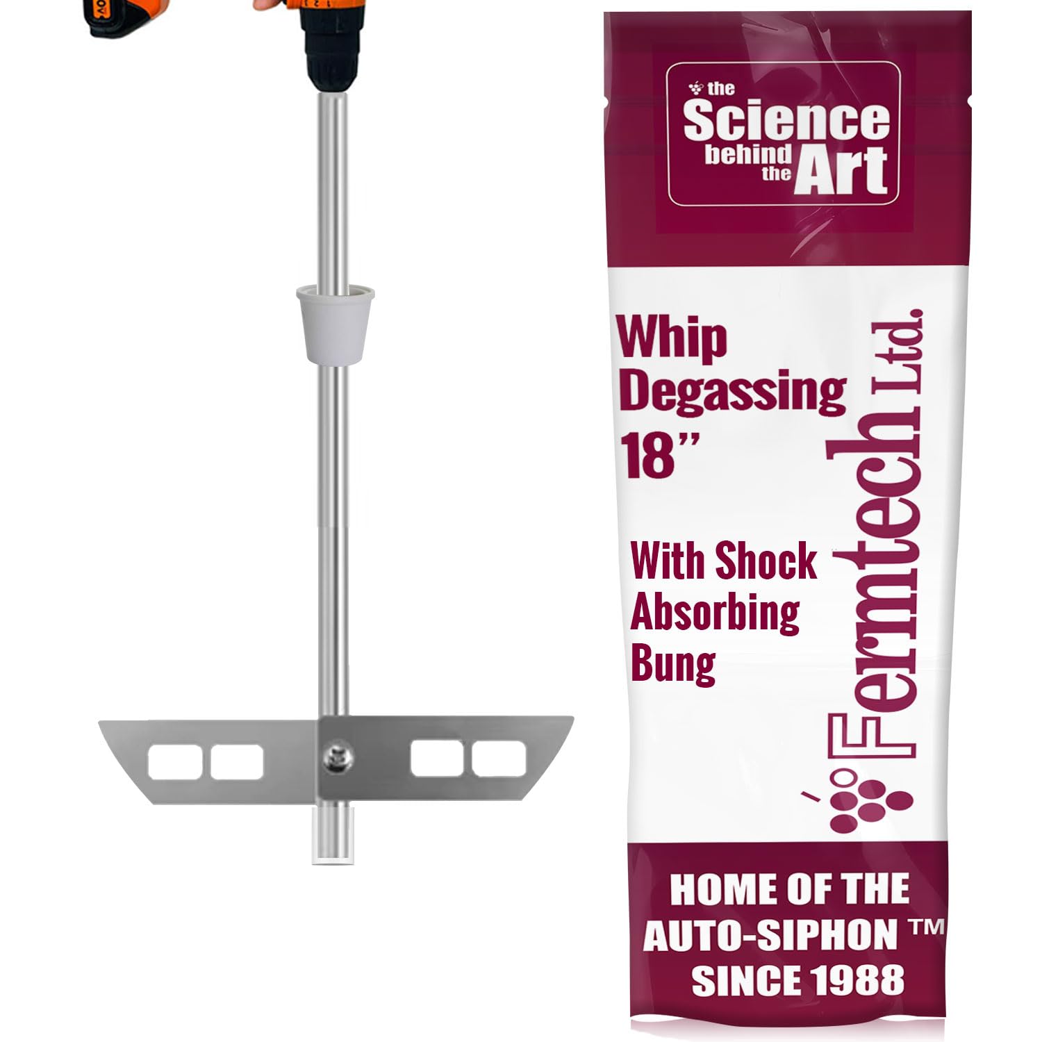 Fermtech 18" Stainless Steel Degassing Whip Stirrer Wand with Paddle for Wine Making, Homebrewing, Craft Brew & Kombucha – Drill Attachment for Mixing, Stirring & Degassing Supplies