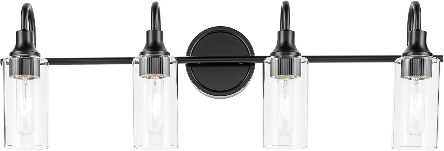 Kichler Kavi 4-Light Bathroom Vanity Light Fixture 31.5" Modern Black Finish with Clear Glass Over Mirror for Powder Room, Damp Rated (31.5" W x 10" H), 55212BK