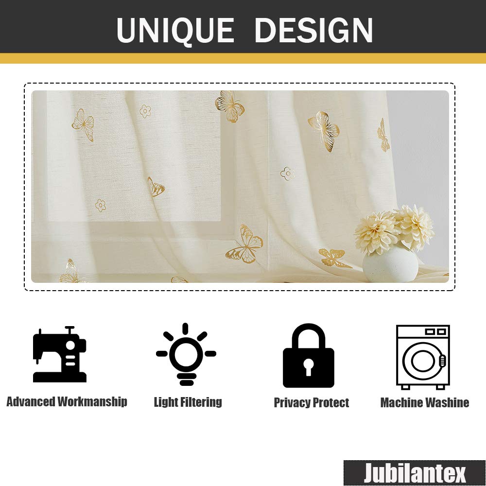 Jubilantex Butterfly Sheer Curtain Panels - White With Gold Print, 52x63 Inch, 2 Panels, Rod Pocket - View #3