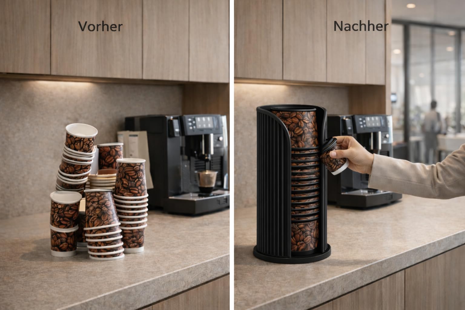 Becherspender Kaffee Becher Spender für Büro & Kaffeestation – Vertikaler Einwegbecher Halter aus robustem Kunststoff – Platzsparender Cup Dispenser für 8oz & 12oz (Schwarz, Large Coffee)