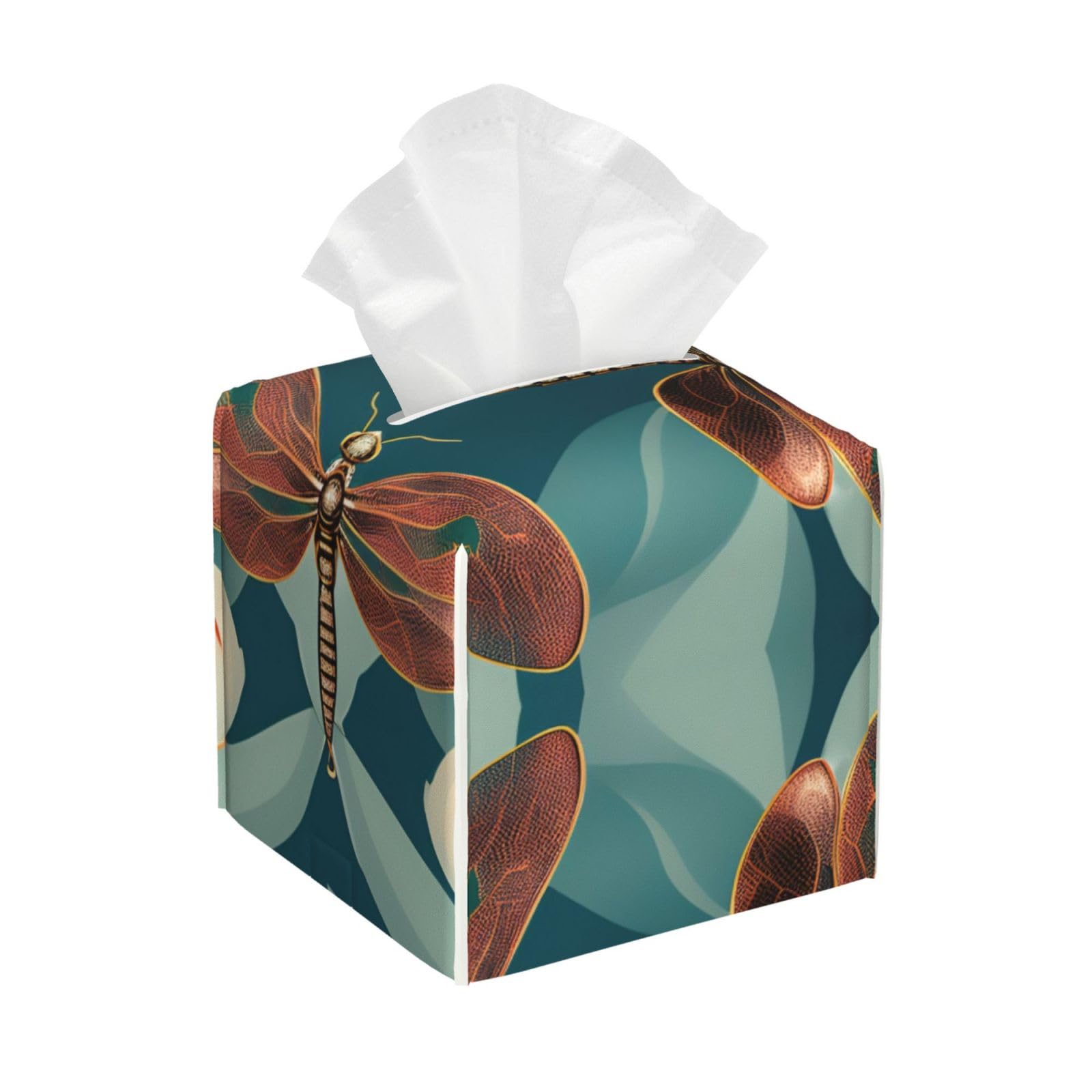 Dragonfly and Lotus Leather Tissue Box Cover â€ Concealing Tissue Holder for Toilet, Living Room, Table Desk, Office, Car