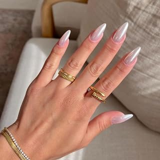 SXVME Acrylic Press on Nails Almond, Pearl Milky White Fake Nails with Design, Sparkle Chrome Nails Press ons Medium Stiletto, Handmade Glazed Soft Gel Glue on Nails for Wedding Nail Art in 24 Pcs