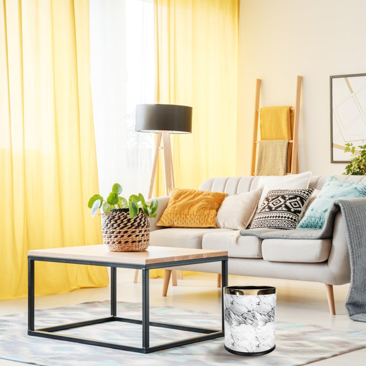 Ciieeo Marble Bathroom Trash can Plastic Round Wastebasket with Non-Slip Base Compact Trash can for Bedroom Kitchen Office Use