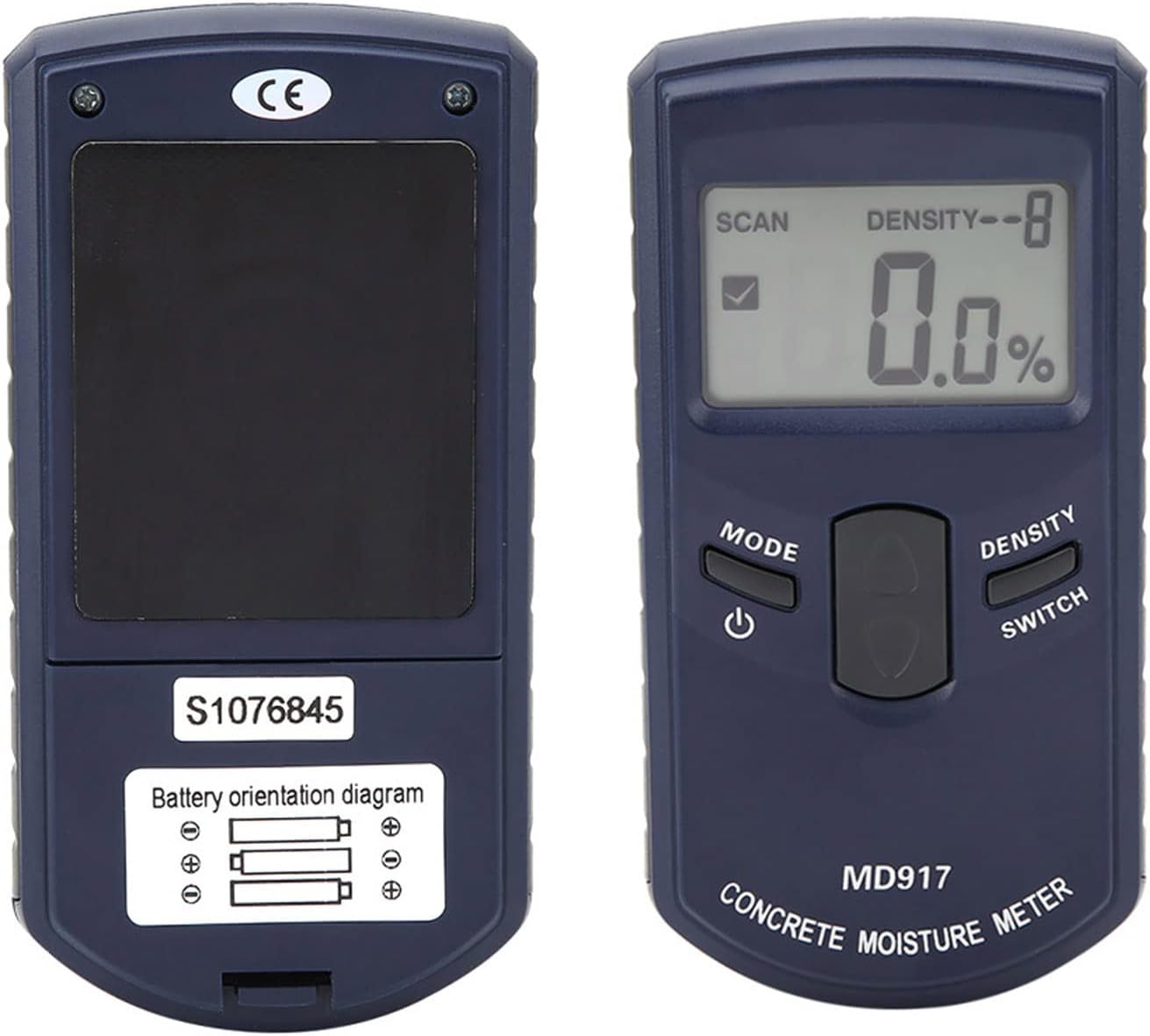 Front and back view of MD917 Digital Concrete Moisture Meter, showing battery compartment on back