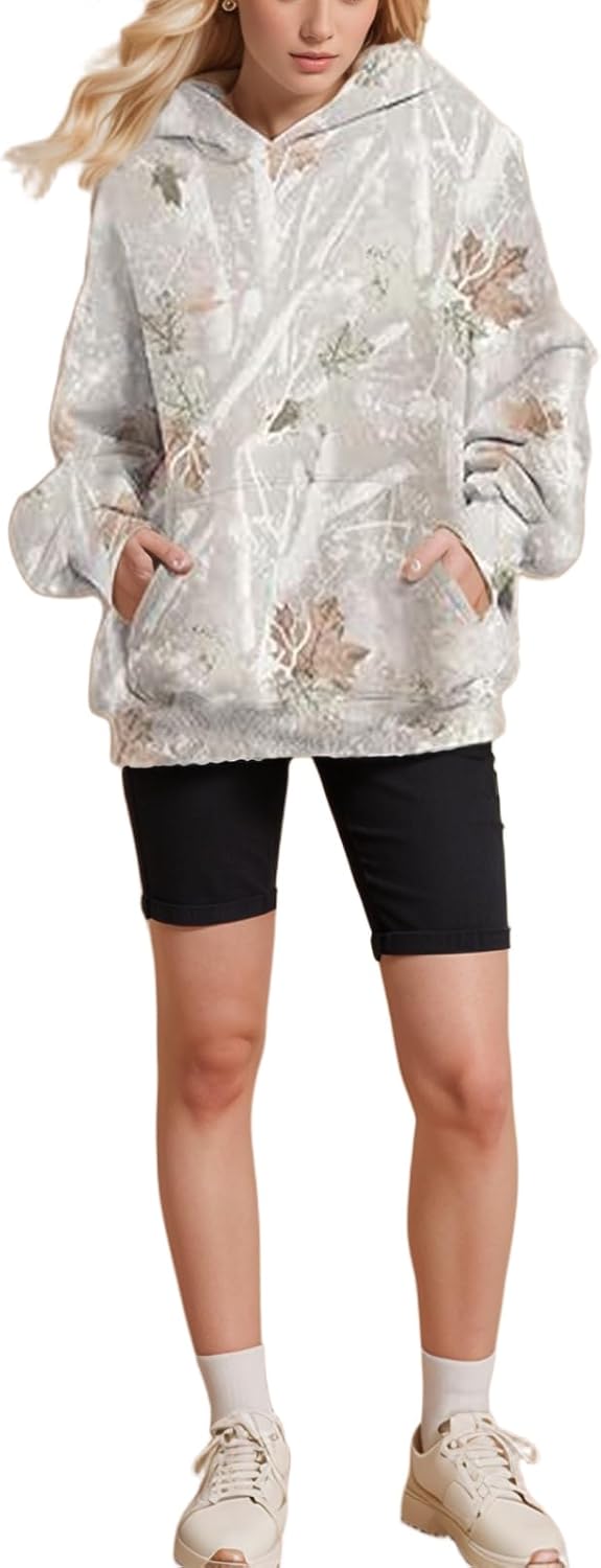 Women's Camo Hoodies Sweatshirt Maple Leaf Print Oversized Fleece Sweatshirts Classic Pullover with Pocket - Image 4