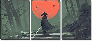 N/A Quadro su Tela Stampa Decorativa Poster 3-Pittura Pittura Murale su Tela Samurai Giapponese in Piedi sulle Scale Foresta di Luna Rossa Soggiorno Quadri Murali Stampe su Tela
