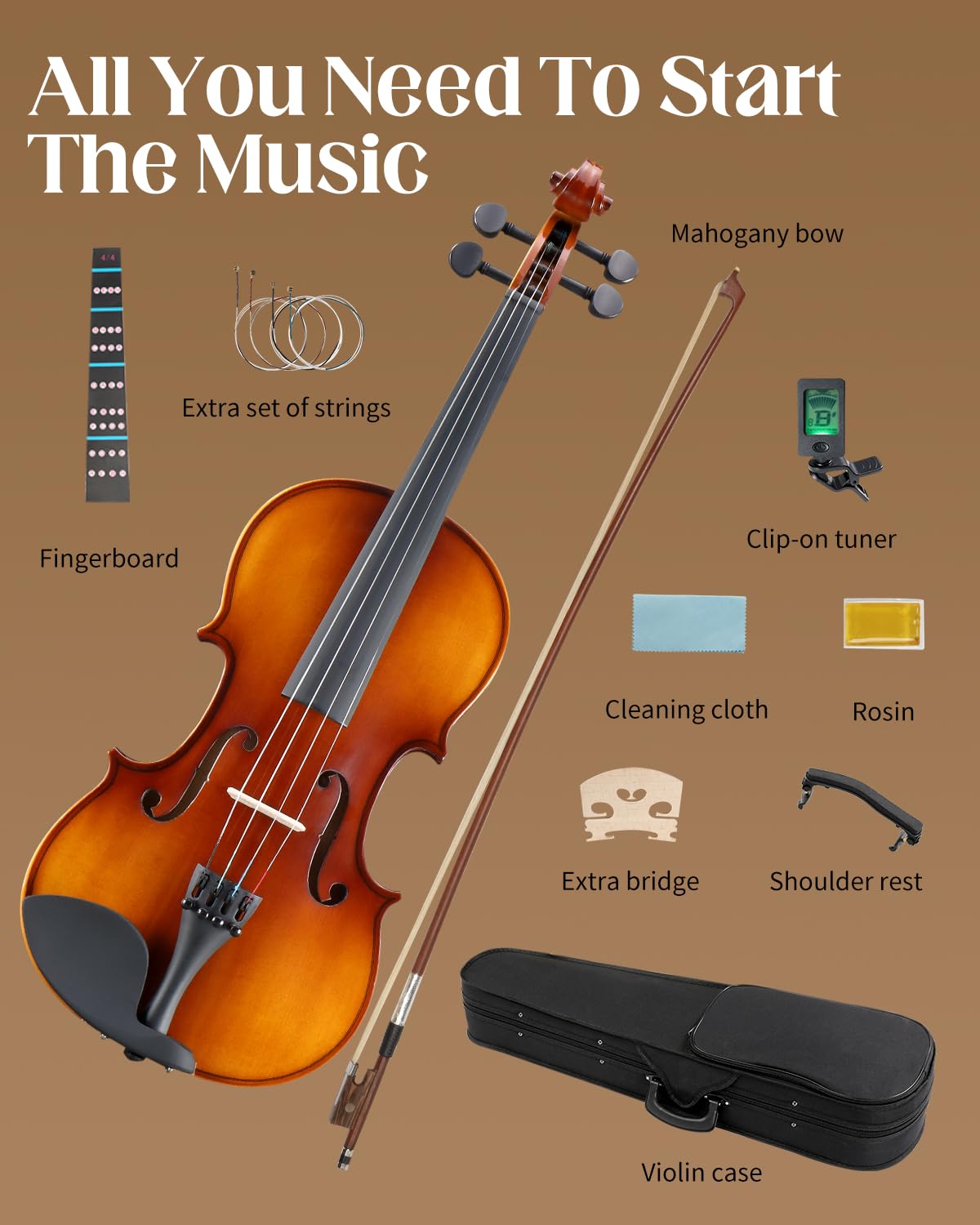 Ktaxon 4/4 Violine Massivholz Akustik Geige Set in voller Größe für Anfänger und Erwachsene Handgefertigtes Starter-Set enthält Bogen, Kolophonium, Brücke, Schulterstütze, Stimmgerät, extra Saiten und