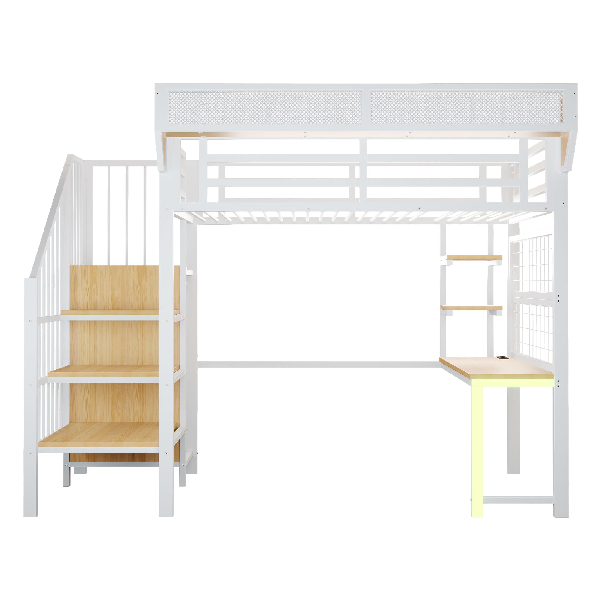 Dolamaní Letto a soppalco 90 × 200 cm in metallo con scala di sicurezza e armadio, altezza 191 cm letto con ripiani in rete rimovibili, illuminazione a LED, scrivania (bianco C)