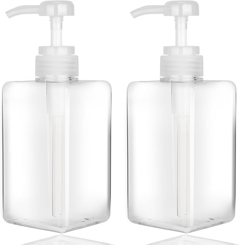 Jansburg Frasco Dispensador com Bomba Recarregável, 450 mL, Plástico Transparente, Formato Quadrado, Pacote com 2