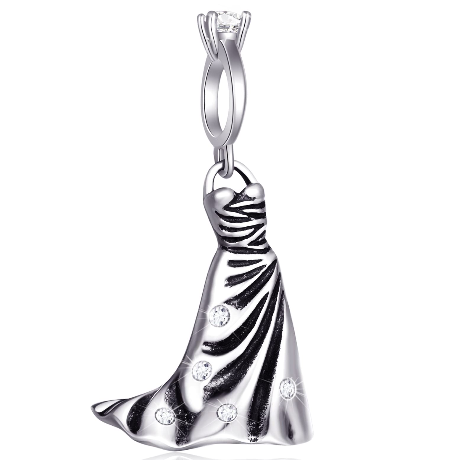 GLOWDAS925 Sterling Silver Wedding Ring Charm Wedding Dress Dangle fit European Valentines Day Bracelet, Strapless Evening Gowns Necklace Pendant with Crystal, Gifts for Wife/Bride/Anniversary