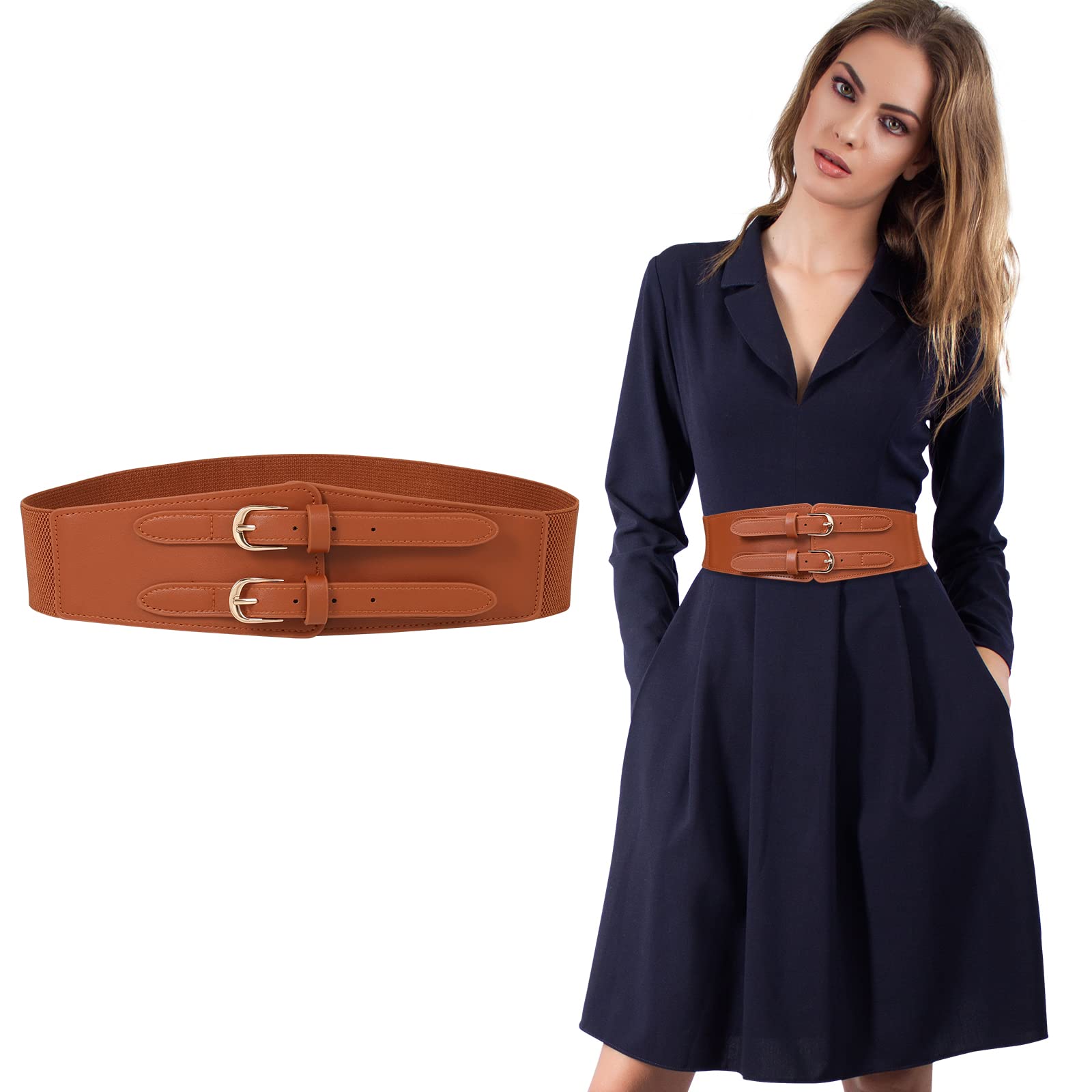 Double Buckle Women's Elastic Belt - Ladies Stretchy Wide Waist Leather Belts for Dresses Jeans