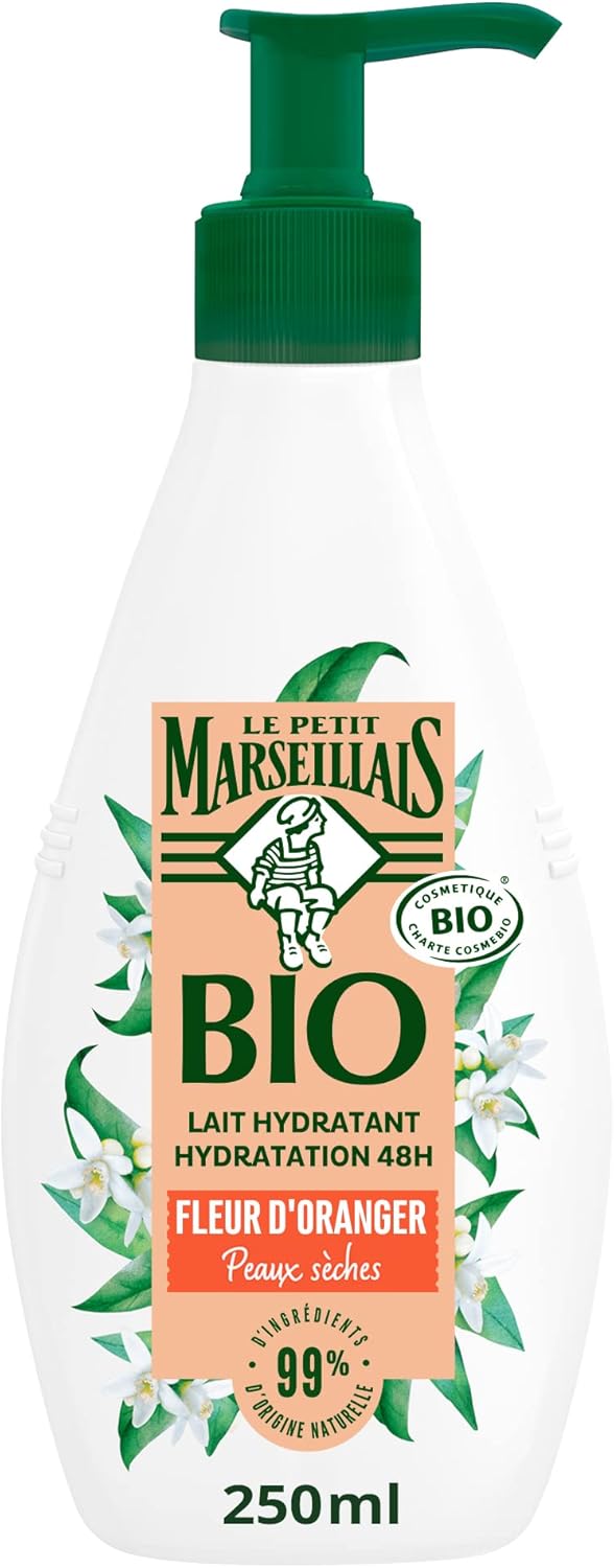 Le Petit Marseillais – Lait Hydratant Hydratation 48h Fleur d’Oranger BIO (flacon-pompe de 250 ml) – Lait corps pour peaux sèches – 99% d’ingrédients d’origine naturelle