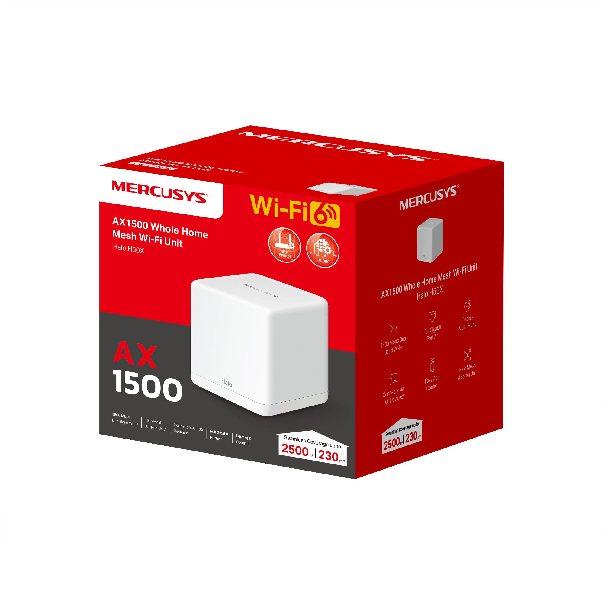 Mercusys TP-Link Router Mesh WiFi 6 AX1500Mbps, 3 Ports Gigabit WAN/LAN, contrôle Parental, WiFi Mesh Router et AP, Connectez jusqu'à 100 appareils, Couverture jusqu'à 230m², Halo H60X(1-Pack)