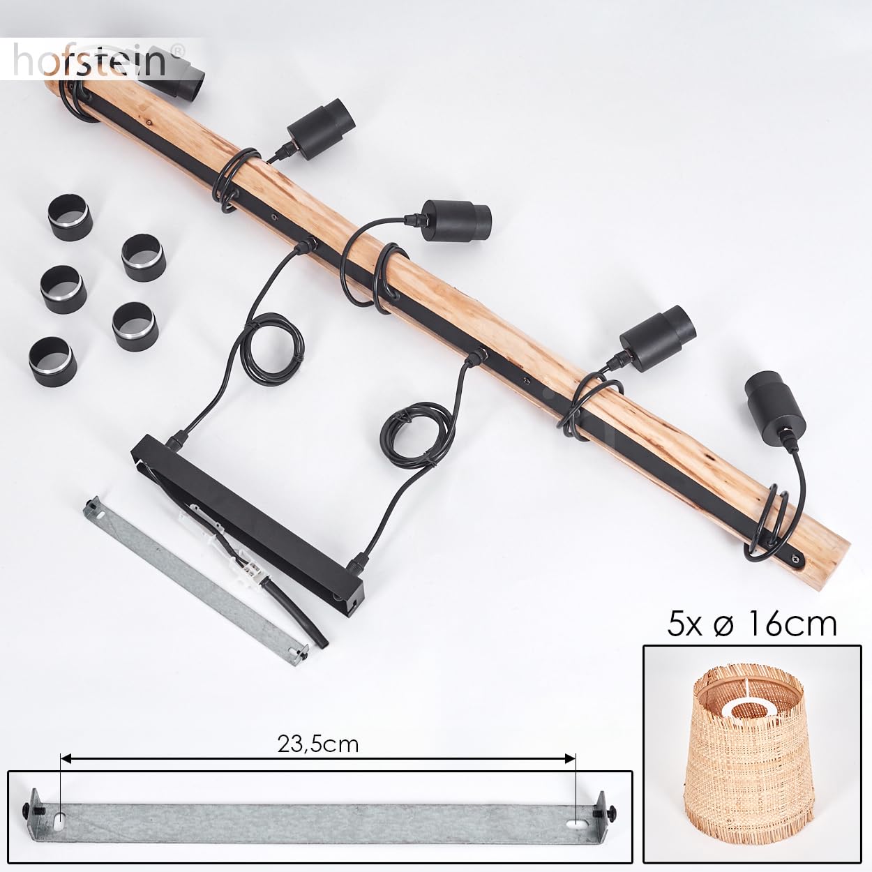 Lámpara colgante Soungou, moderna lámpara colgante de madera/metal/bastón en natural/negro/beige, lámpara colgante de 5 luces de diseño escandinavo, altura máx. 143 cm, 5 x E27, sin bombillas