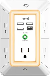 Multi Plug Outlet Surge Protector - Lvetek 3-Sided Power Strip with 5 Outlet Extender and 4 USB Ports(1 USB-C) and Night Light, USB Wall Charger for Home, Office, Travel, ETL Listed, White