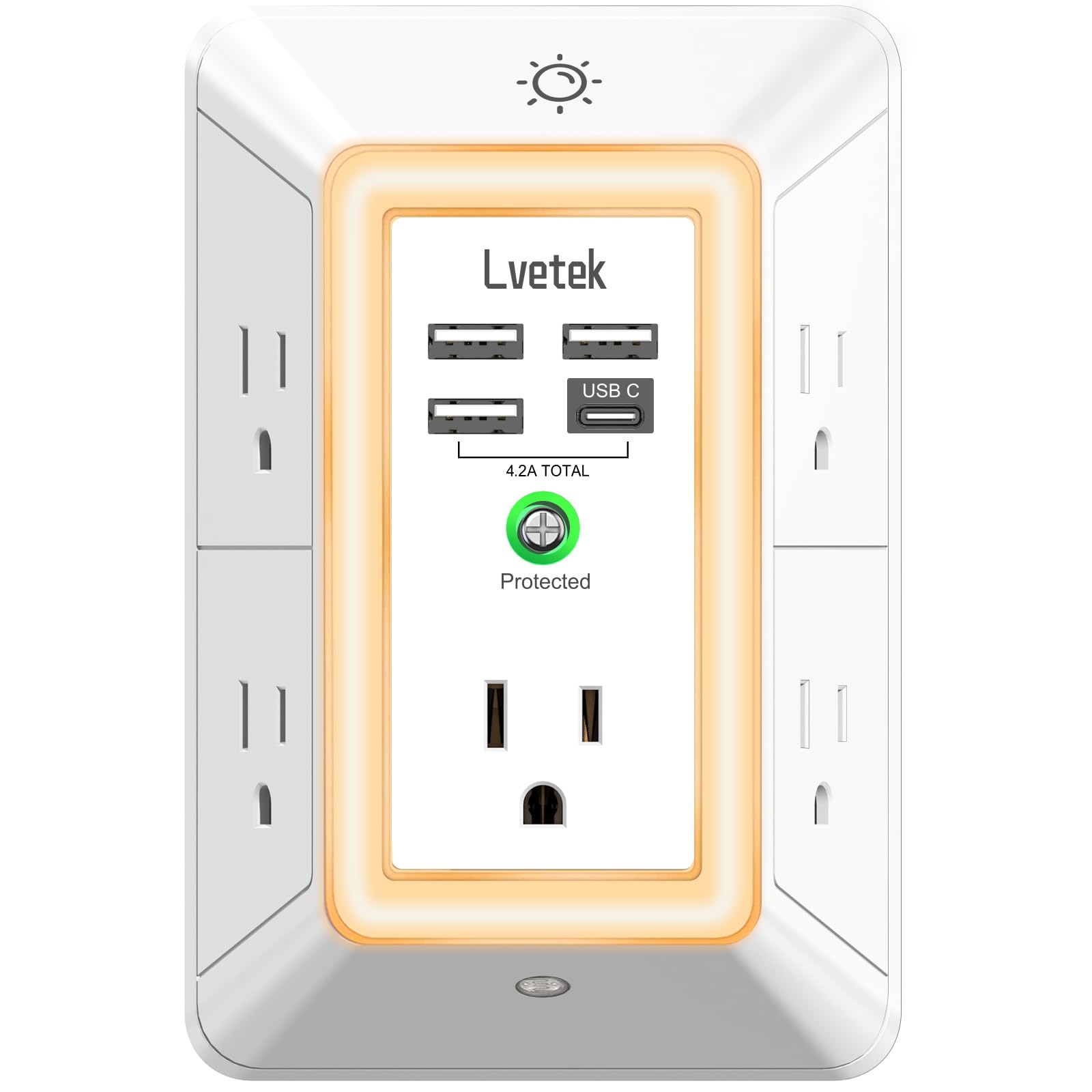 Multi Plug Outlet Surge Protector - Lvetek 3-Sided Power Strip with 5 Outlet Extender and 4 USB Ports(1 USB-C) and Night Light, USB Wall Charger for Home, Office, Travel, ETL Listed, White