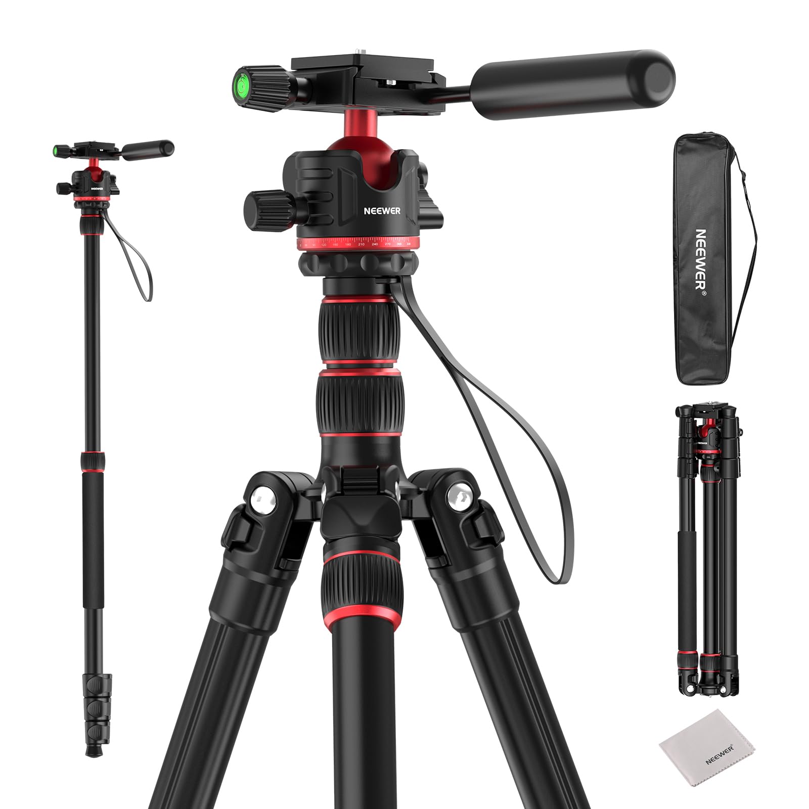 NEEWER Basics TP08 - Trípode para cámara réflex Digital (77", Cabezal esférico de 360°, Cabezal de Bola de 360°, Placa de liberación rápida, Eje Central invertido y 2 paños de Limpieza, Carga máxima
