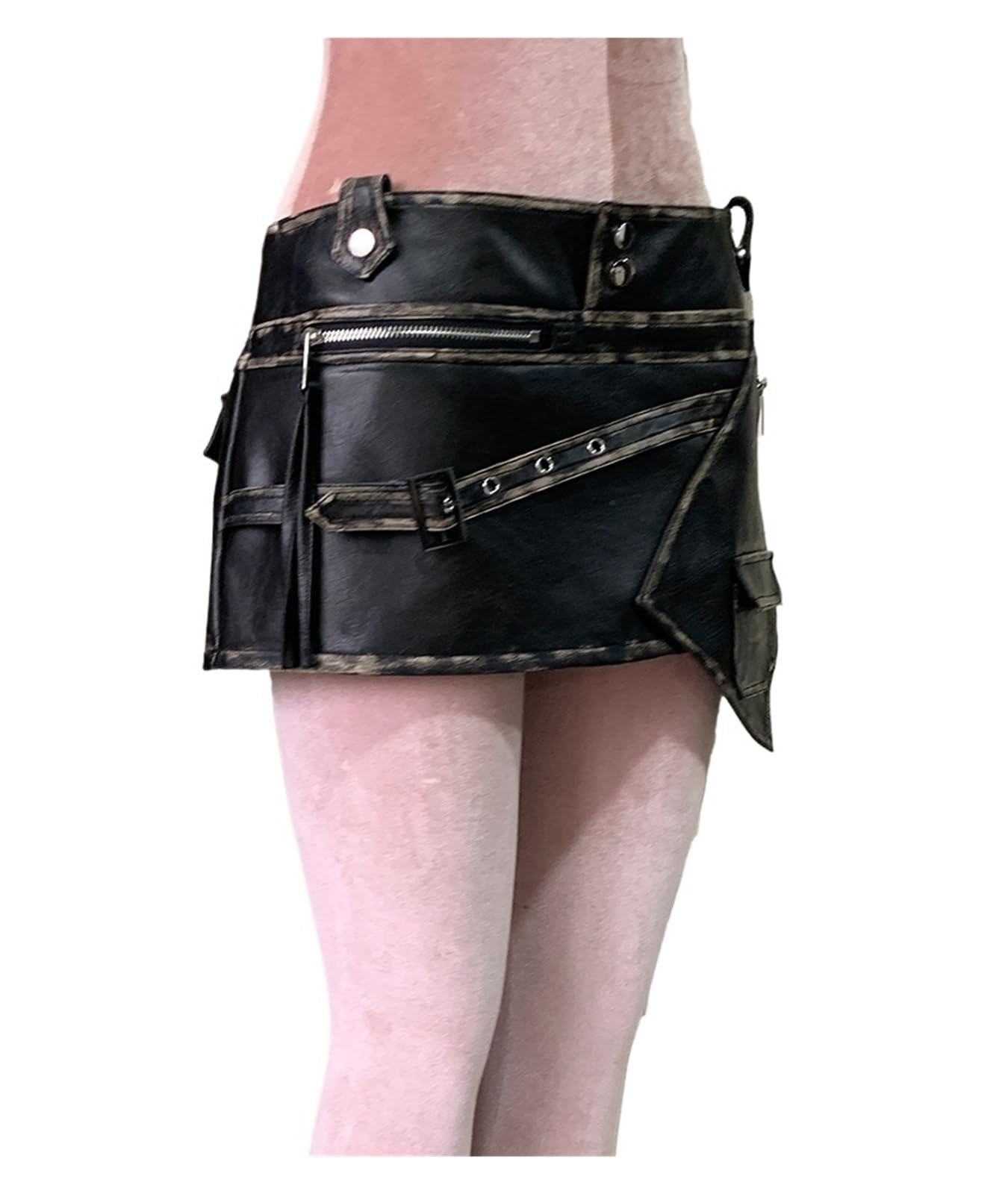 Faldas Mujer Minifalda asimétrica de Piel sintética Negra desgastada for Mujer, de Verano, de Cintura Alta, Corta, de diseñador de Lujo, Ropa EMO