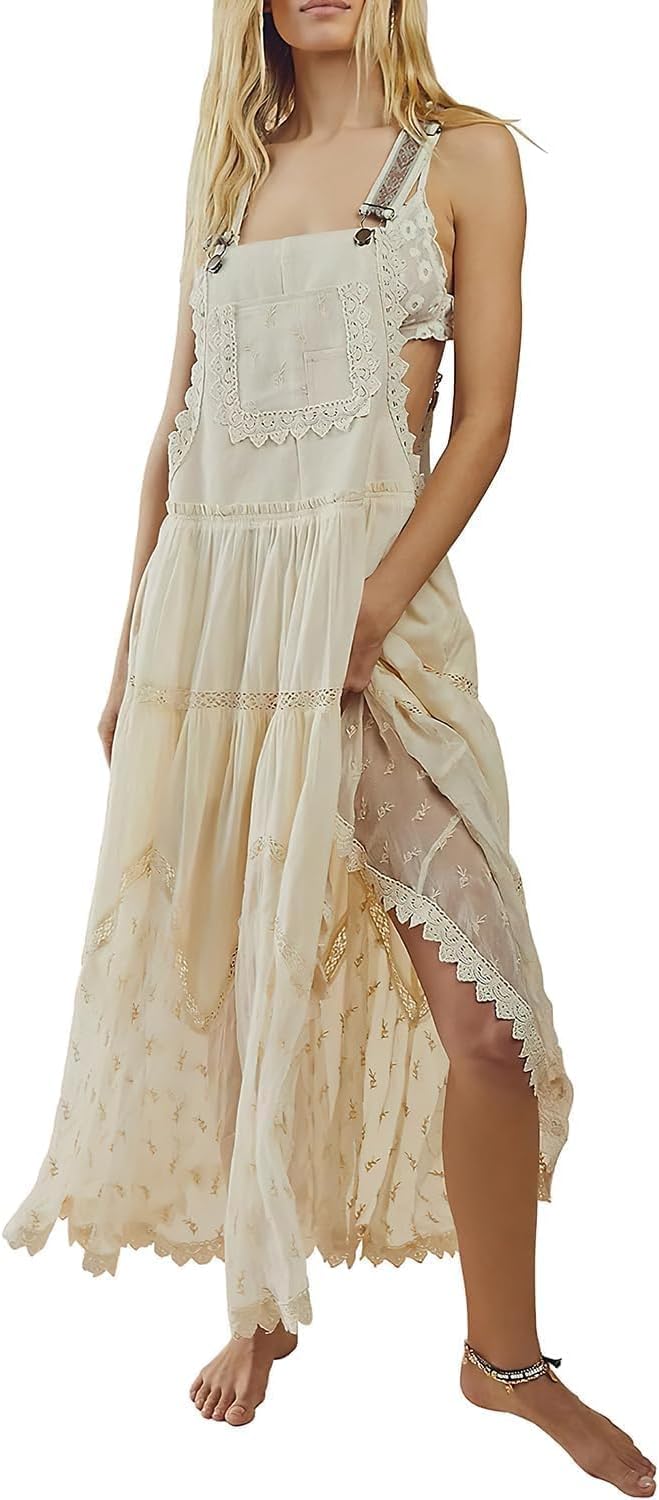 Women's Laced Embroidered Tulle Bib Dress Casual Loose Adjustable Straps Maxi Dress