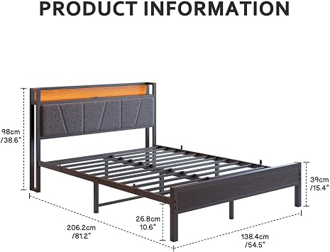 Double Bed Frame with Storage Headboard,Charging Station,LED Lights,4ft6 Metal Platform Upholstered Bed Frame Double Bed,for 135 x 190 cm Mattress,Strong Steel Slat Support/Noise Free/Black