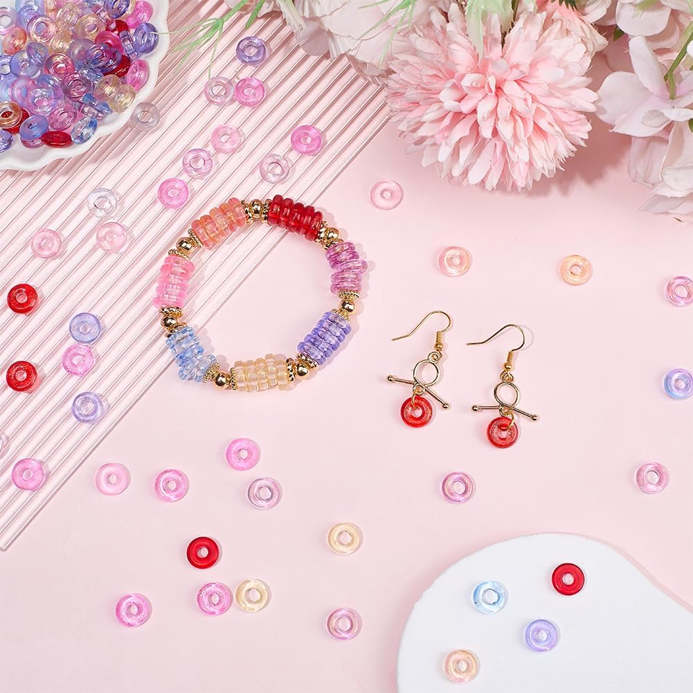 SUNNYCLUE 1 Box 100Pcs 10 Colors Glass Donut Bead Large Hole Transparent Beads Bulk Colorful Glitter Flat Round Crystal Heishi Circle European Small Loose Spacers for Jewelry Making Bracelet DIY Craft - Image 4