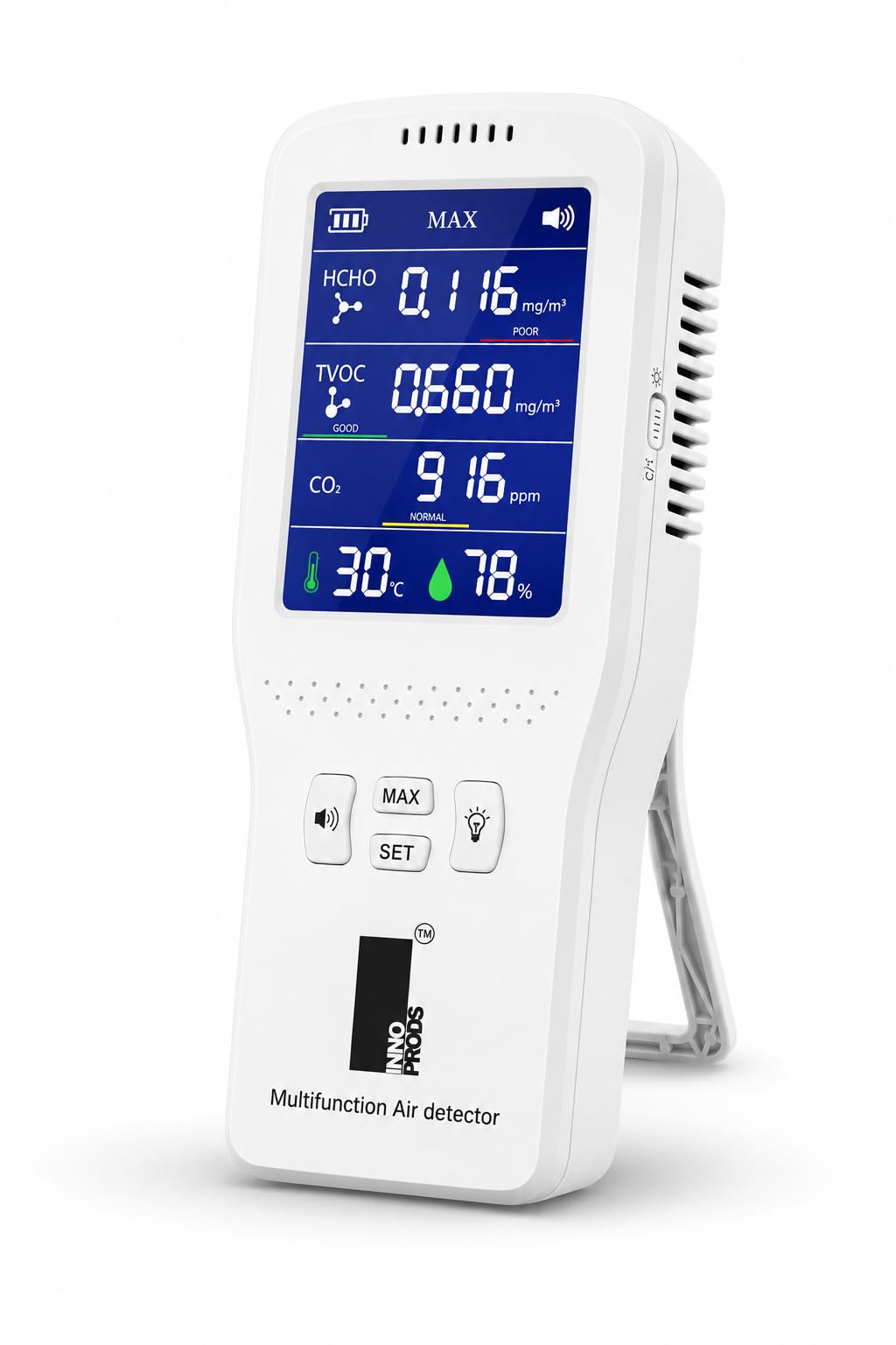 Air Quality Detector, Indoor Monitor – CO₂, HCHO, TVOC Sensor with Real-Time Alerts, Temperature & Humidity Meter | 3 Color Display, Type-C Rechargeable | Portable AIQ Meter for Home & Office-image-45