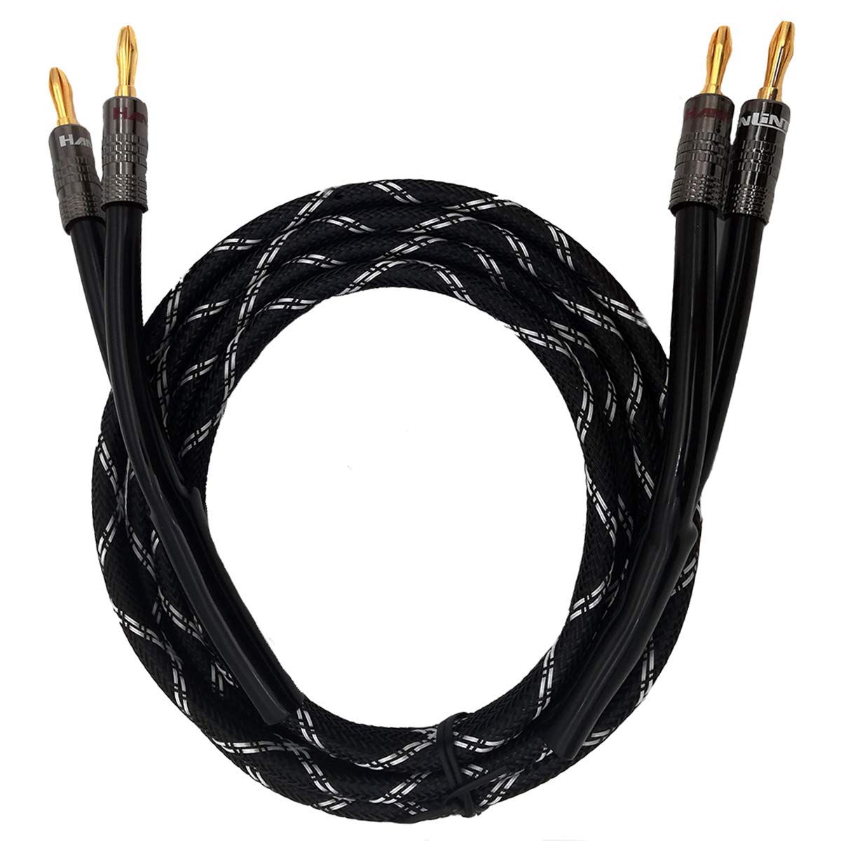 HannLinte 12AWG Speaker Wire Cable Premium Heavy Duty Braided Speaker Cable Dual Gold Plated Banana Plug Tips - in-Wall CL2 - Oxygen-Free Copper (OFC) (10 Feet, Black)
