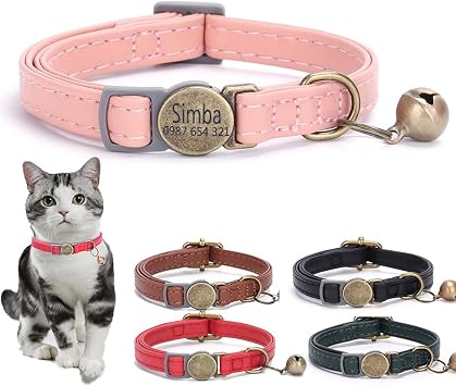 Personalized Leather Cat Collar with Name Tag, Custom Leather Breakaway cat Collar, Cat Collar Breakaway for House pet, Customization Cat Collar with Name and Telephone Number Pink