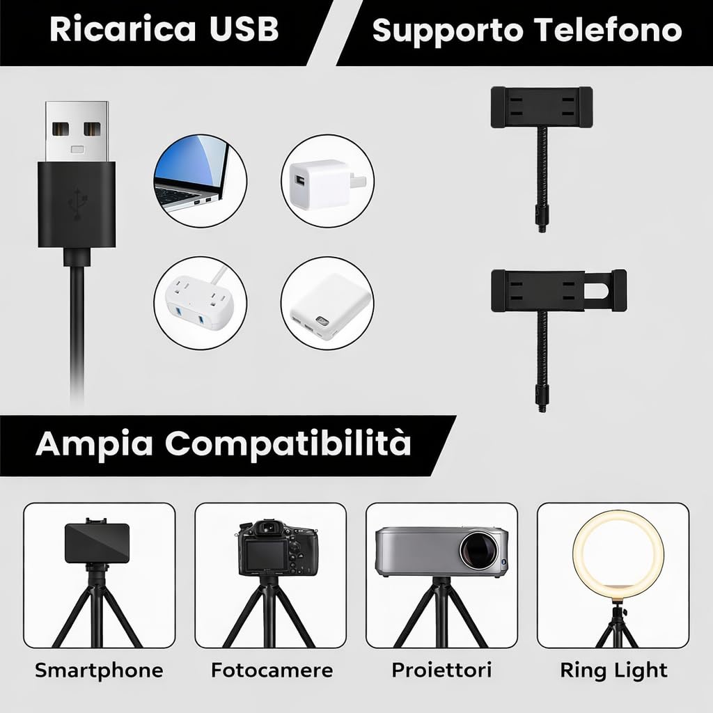 Lampada ad Anello LED 12" 30cm Regolabile per Selfie Video Foto Treppiede 3 Modalità Illuminazione