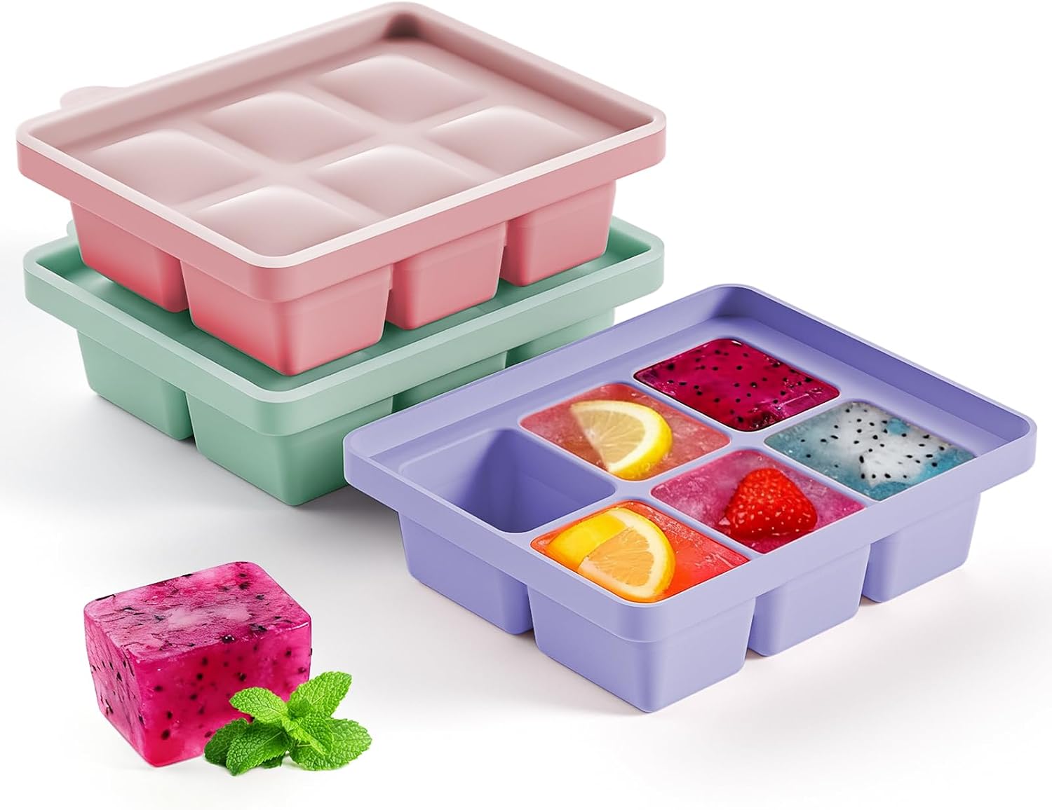Large Silicone Ice Cube Tray Set of 3, Easy Release 6 Flexible Silicone Ice Cube Molds with Removable Lid, Reusable Freezer Stackable Ice Trays for Whiskey, No Floater, BPA Free