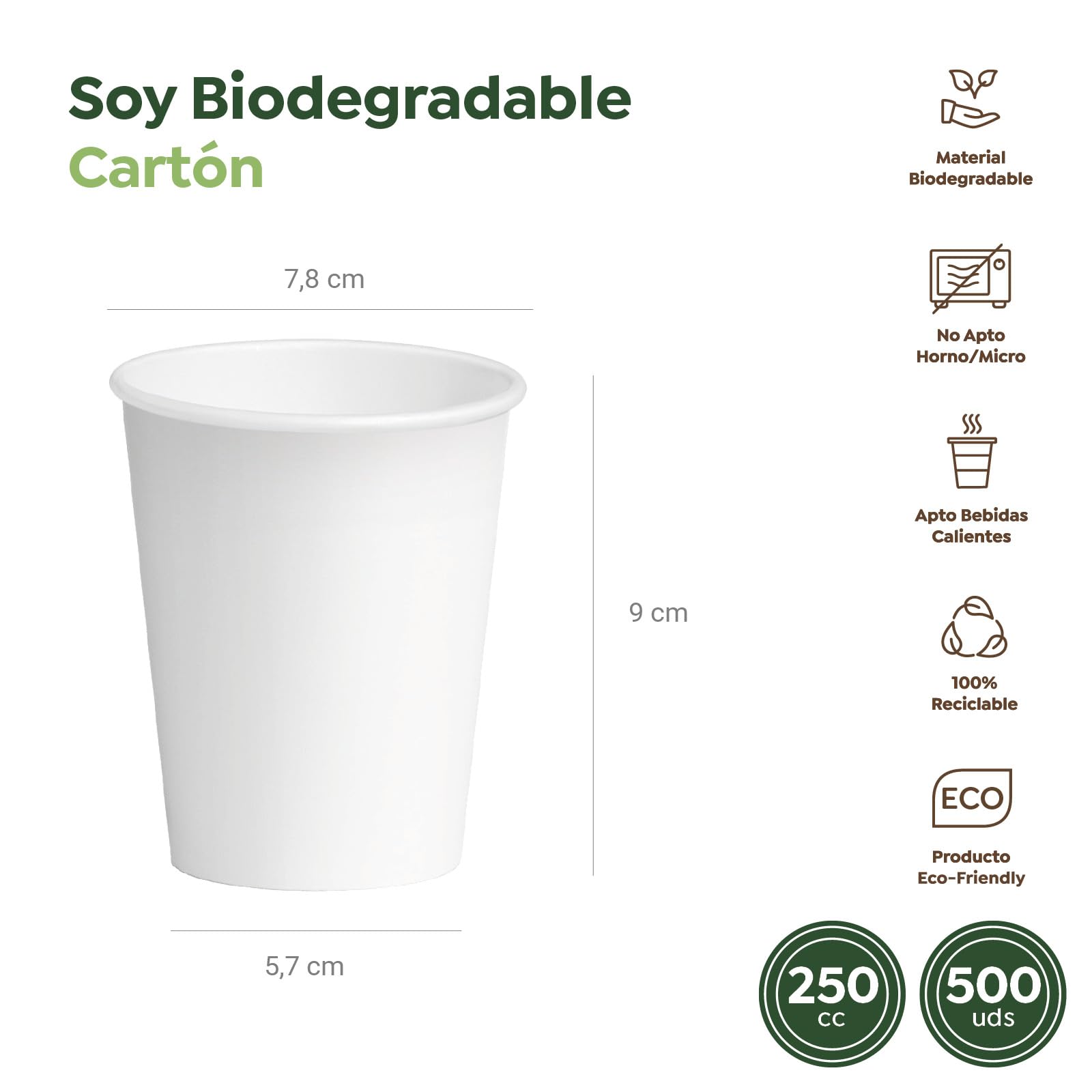 500 Vasos Cartón Blanco + Tapa Blanca - 250 cc (8 oz) - Vasos Desechables para Café para Llevar - Reciclables - Apto Alimentos Calientes - TAKE AWAY