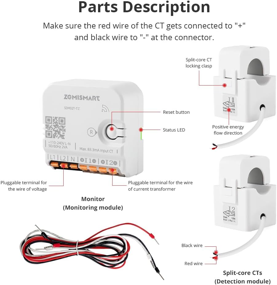 Smart Home Energy Monitor with 2 x 120A CTs, Live Electricity Usage Tracking, Supports Single-Phase 3-Wire System, Works with Home Assistant & Zigbee2MQTT (Zigbee Version)
