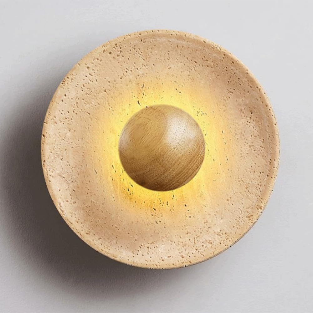 SHUANGZ 10in Circular Natural Stone Wall Sconce Wabi-Sabi Art Lighting Fixture,Nordic Atmosphere Decoration Wall Light Mounted Fixture Lamp Yellow Travertine Japanese Natural Stone Bedside Light