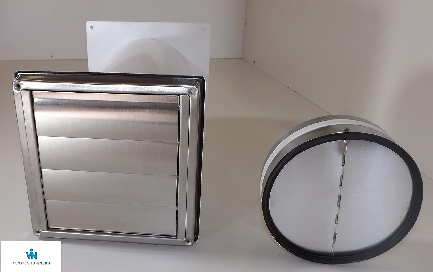 VentilationNord Mauerkasten Ø125 mit Rückstauklappe für Dunstabzug | Edelstahl-Wetterschutz-Lüftungsgitter mit Wandabdichtung | mit Insektenschutzgitter | Teleskoprohr Ø 125