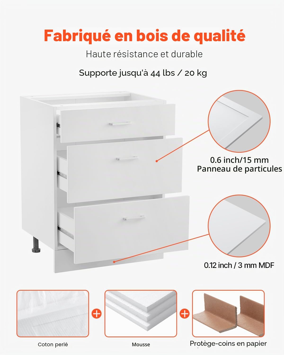 VEVOR Meuble Bas Cuisine avec 3 Tiroirs, Placard de Cuisine Non Assemblée, Armoire de Base Prête à Assembler 60x47,5x81,6 cm, avec Glissières de Tiroir à Fermeture Douce, pour Bureau Domicile, Blanc
