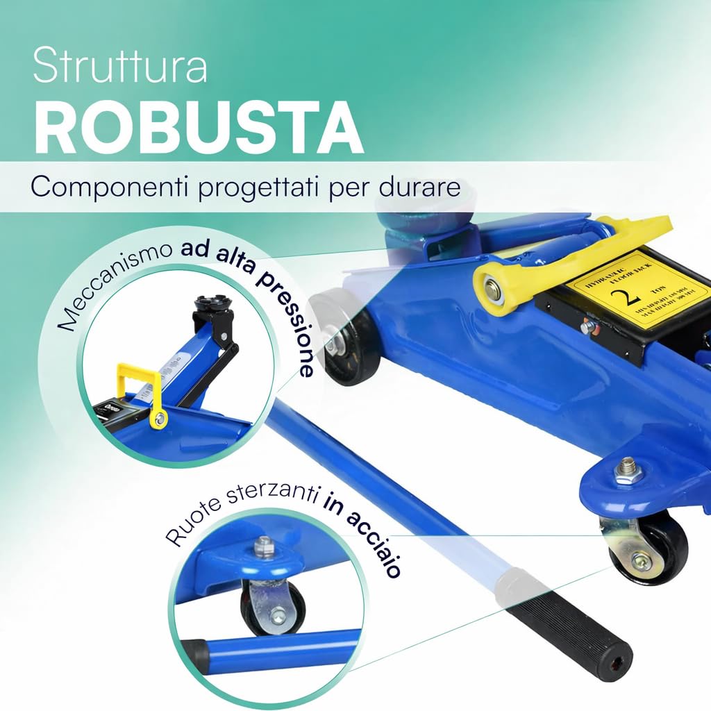 Cric Idraulico a Carrello 2 Tonnellate – Sollevatore Auto Professionale con Ruote Girevoli, Struttura Rinforzata e Manico Ergonomico per Officina e Uso Domestico