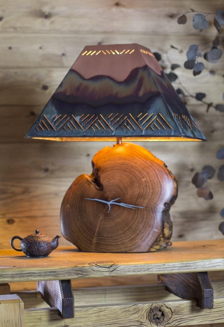 Mesquite Lamp with Copper Shade - Turquoise Inlay 18" Total Height with Crosshatch Rectangle Sh...