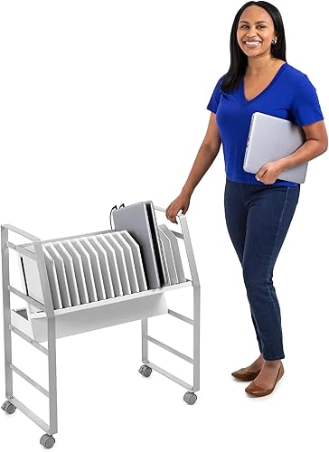 Miniatura 9 de Line Leader Estación de carga móvil para 16 dispositivos, carrito rodante de acero para laptops, tabletas y Chromebooks, diseño abierto con