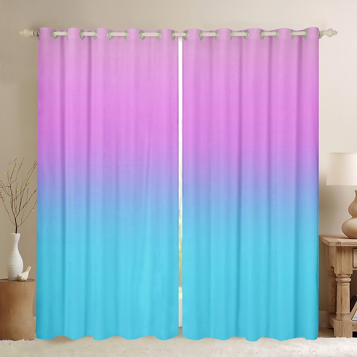 Homemissing Girls Multicolored 13229 Blue And Pink Ombre Curtains For Bedroom Living Room Rainbow 30%-50% Blackout Curtains For Kids Colorful Window Drapes Gradient Strle Window Treatments W46*L54