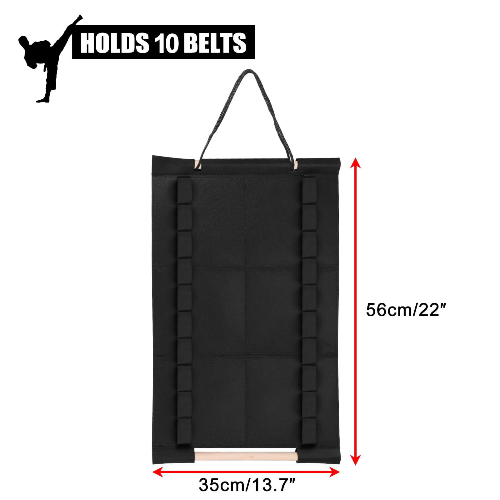 JUXYES Wall Hanging Martial Arts Belts Organizer for 10 Belts, Portable Karate Belt Display Holder with Medals Hanging Stick, Lightweight Hanging Taekwondo Belt Display Holder for Martial Arts Learner