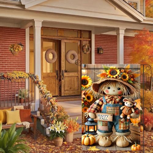 Image of Nuxovilar 12x18 inch Scarecrow Bear Fall Garden Flag | Double-sided scarecrow and bear holiday flag for home outdoor porch decor.