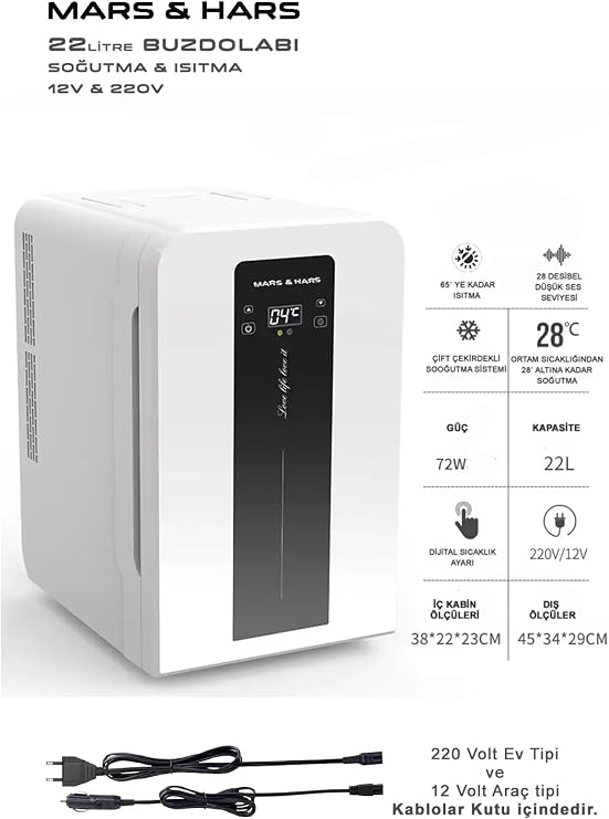 Mars & Hars 22 Lt Taşınabilir Soğutma ve Isıtma Buzdolabı, Dokunmatik LED Ekran, Derece Ayarlı, 12V/220V
