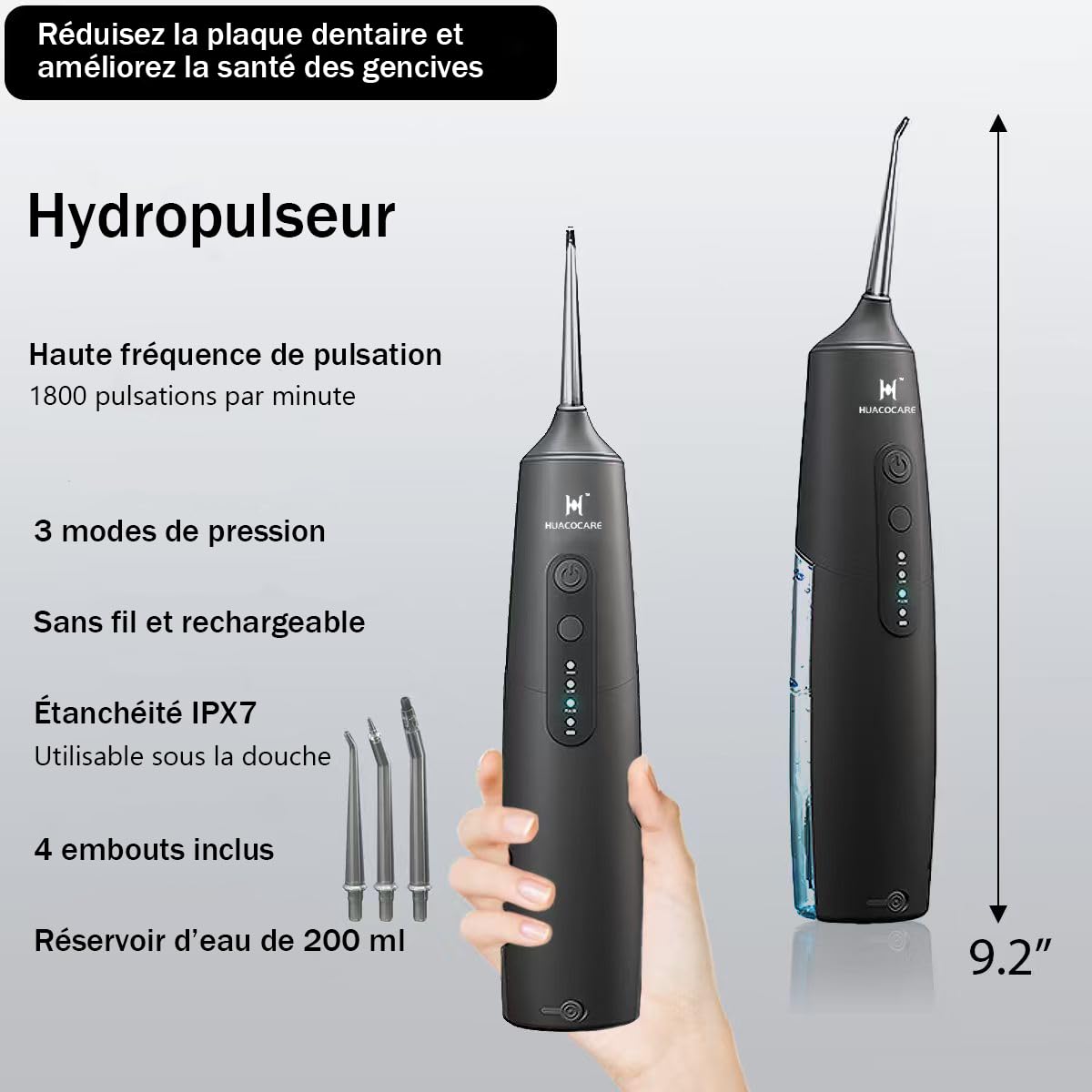 Kit de nettoyage buccal 2-1 - Hydropulseur dentaire et brosse à dents électrique - Brosse à dents et fil dentaire - Pour le nettoyage des et la santé des gencives (Noir)
