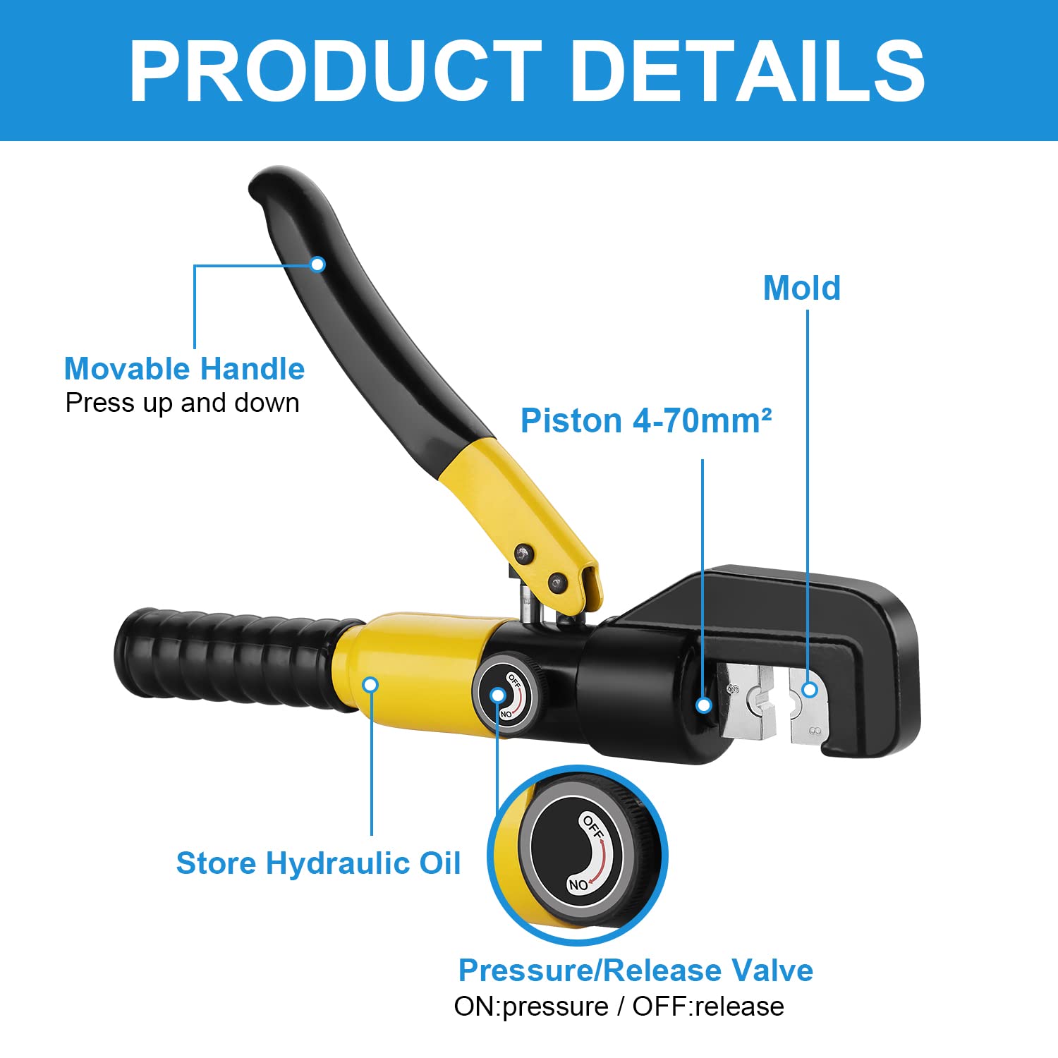 TEENO Pince à Sertir Hydraulique 10T avec 9 Matrices Hexagonales Course 12mm,Coffret de Outil de Sertissage 4-70 mm²,Avec 9 cosses de Câbles