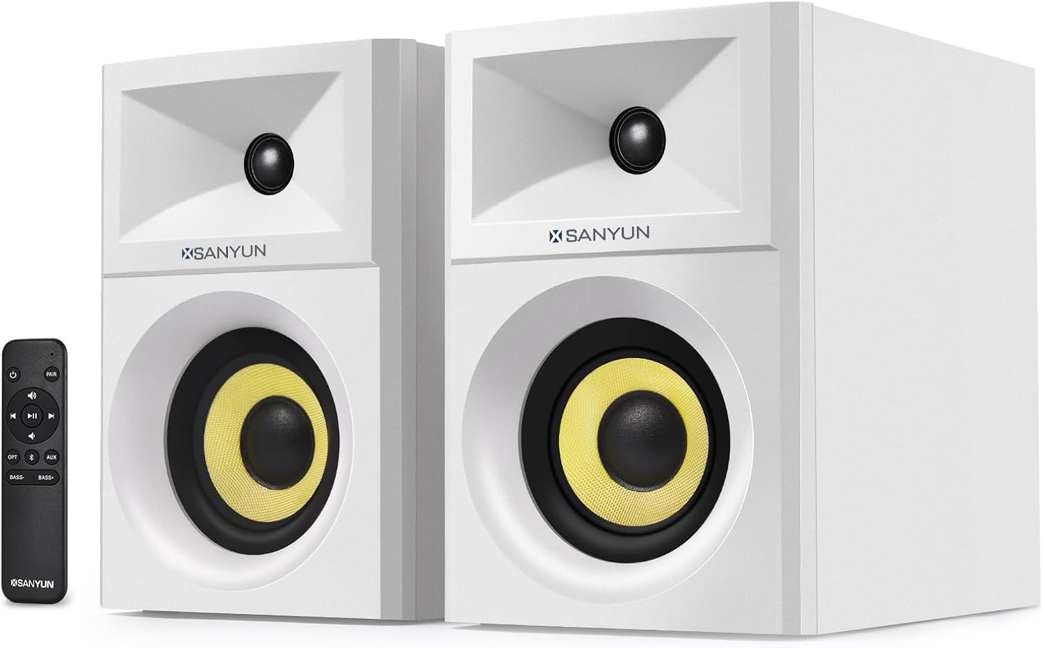 SW205 4” 80W Powered Bookshelf Speakers – 2.0 Active Near Field Monitors – Enhanced Loudspeaker Structures – Wireless Remote Control – Wooden Enclosure – White SW205 4” 80W Powered Bookshelf Speakers – 2.0 Active Near Field Monitors – Enhanced Loudspeaker Structures – Wireless Remote Control – Wooden Enclosure – White