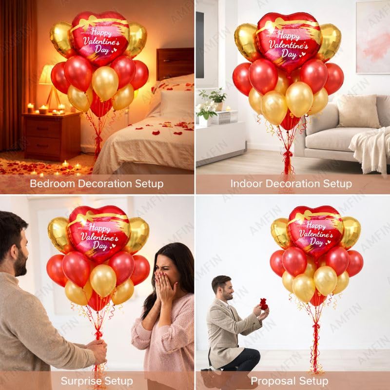 Image of AMFIN (Pack of 9) Happy Valentine's Day Balloon Decoration Set | Romantic Heart Foil Bouquet Metallic Helium Bunch Proposal Anniversary Celebration Party Decor - Red Gold