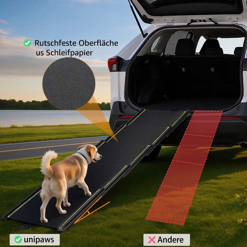 Unipaws 190 cm extra Lange Hunderampe für Auto, SUV & LKW, ausziehbare tragbare Haustier-Treppenrampe mit Rutschfester Oberfläche, reflektierenden Streifen & sanfter Steigung für Hunde bis 68 kg