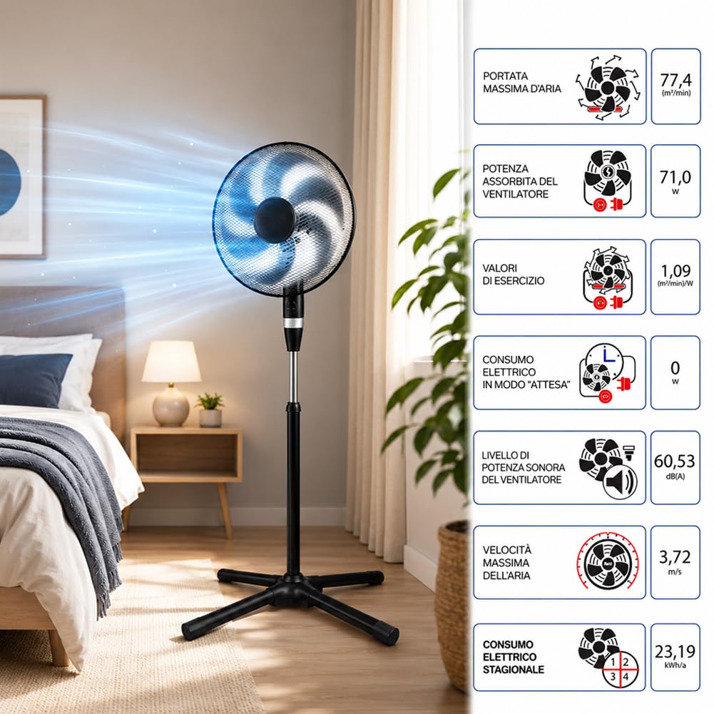 BAKAJI Standventilator Leistung 75 W schwarz mit 6 Flügeln Durchmesser 40 cm und Gitter 45 cm, selbsttragender Air Fan mit breitem und soliden Sockel und 3 wählbaren Geschwindigkeiten mit Gleitring