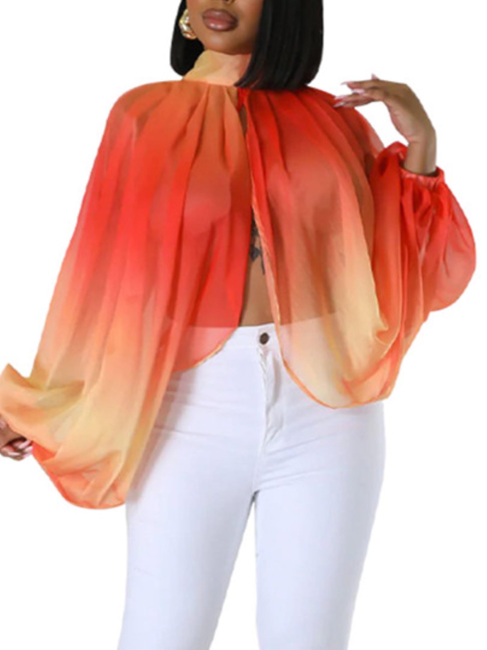 Sexy Tops for Women Party Club Night Batwing Sleeve Chiffon Sheer Self Tie Back Front Open Women Shirts Casual Summer