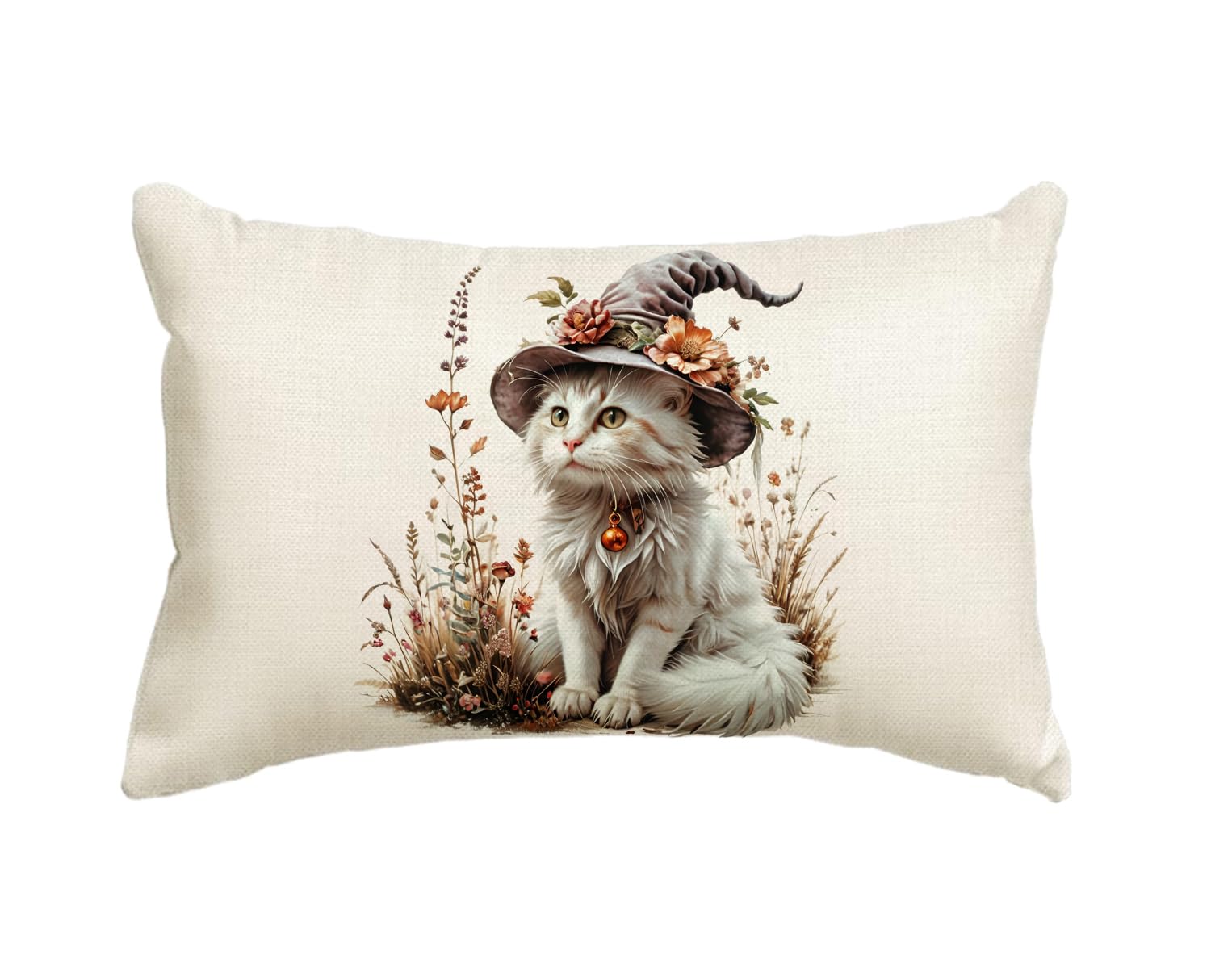 JAERUE Cat Decorative Throw Pillow Cover with Witch Hat Autumn Floral Farmhouse Decor Pillow Cases for Sofa Couch